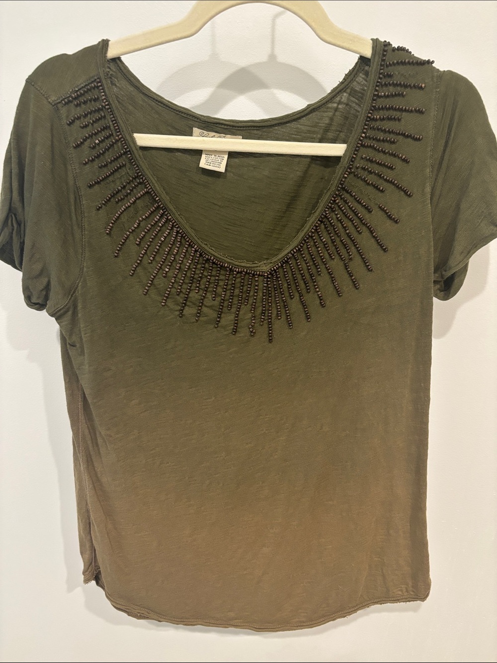 Lucky Brand Olive Green Short Sleeve Scoop Neck Top with Bead Trim